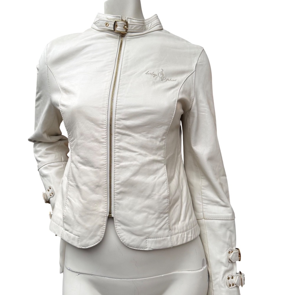 Vintage Y2K Baby Phat White Leather Moto Jacket Rare Gold Hardware Baddie M